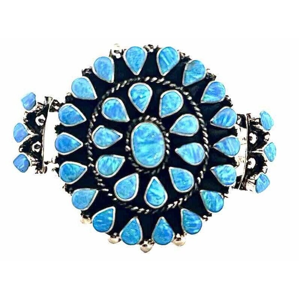 Beautiful!! Large Cluster Light Blue Opal Inlay Cluster Flower Cuff 925 Sterling
